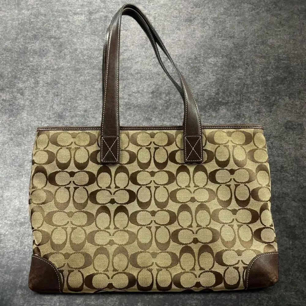 Vintage Coach 6082 Signature C Monogram Khaki Brown Jacquard Tote Bag Y2K